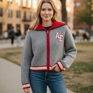 American Eagle Outfitters Gray and Red Varsity Jacket